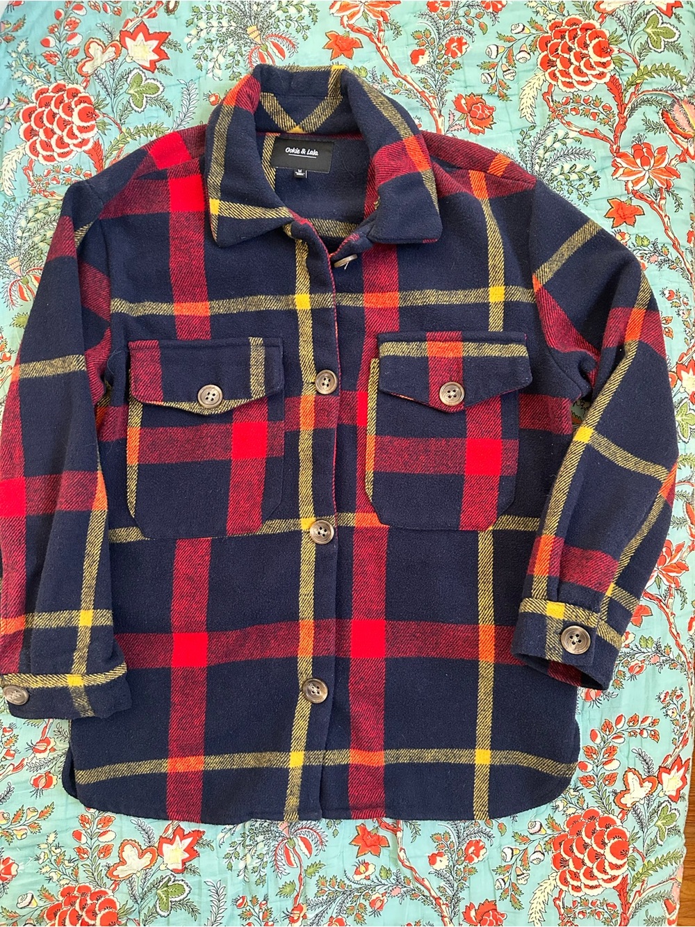 Ookie & Lala Navy Red Plaid Button-Up Shirt Jacket